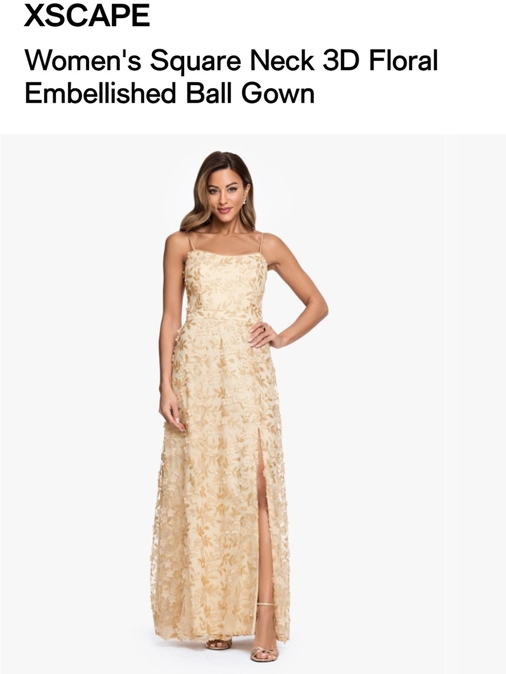 XSCAPE Women's Square Neck 3D Floral Embellished Ball Gown in Gold